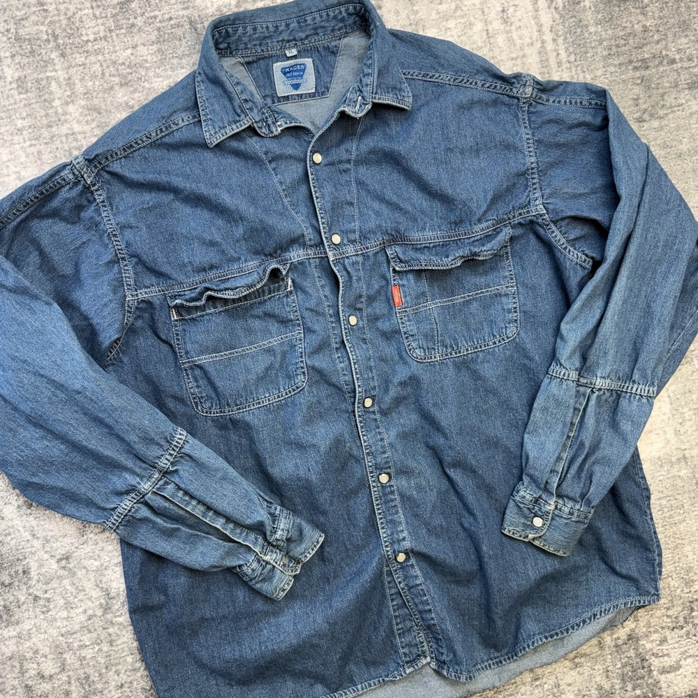 VTG Trader Jelt Denim Shirt Adult XL Pearl Snap Sanforized Double Pocket Italy